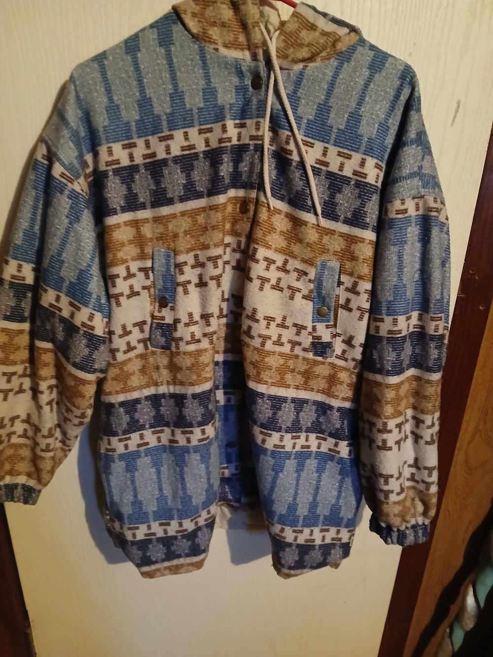 Men's Hooded Patterned Windbreaker Jacket - Blue, Tan & Cream